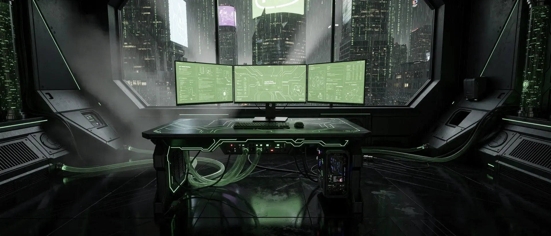 Futuristische Cyberpunk-Gaming-Station mit schwebenden Hologramm-Monitoren und leuchtend grünen Neon-Akzenten in einer nächtlichen Stadtlandschaft.