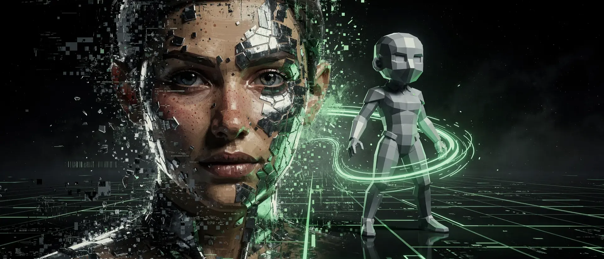 Zwei schwebende Köpfe – ein hyperrealistischer Android, ein bunter Low‑Poly‑Charakter – leuchten in Neon‑Grün gegen einen dunklen Abgrund.