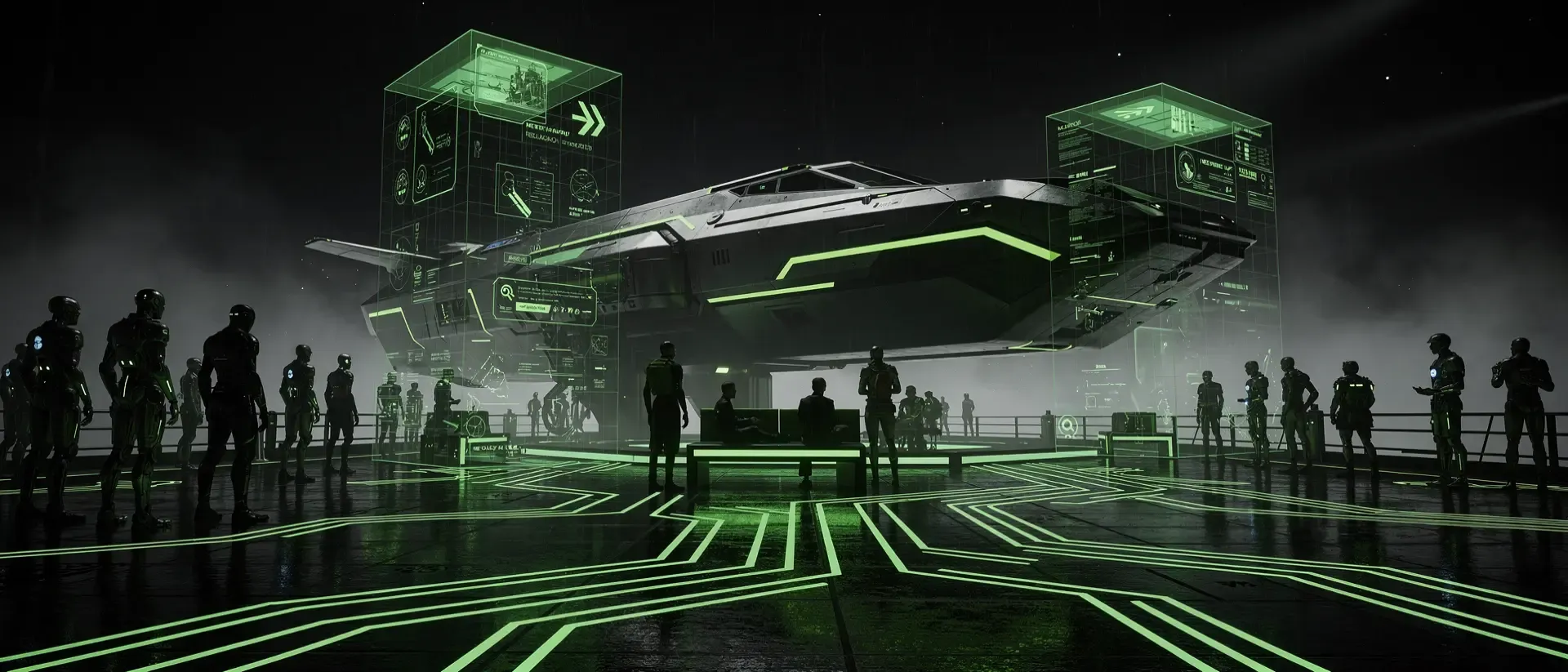 Eine einsame Kapuzenfigur steht auf einer Plattform und blickt auf eine dunkle Cyberpunk-Metropole mit leuchtend grünen Neon-Datenströmen.
