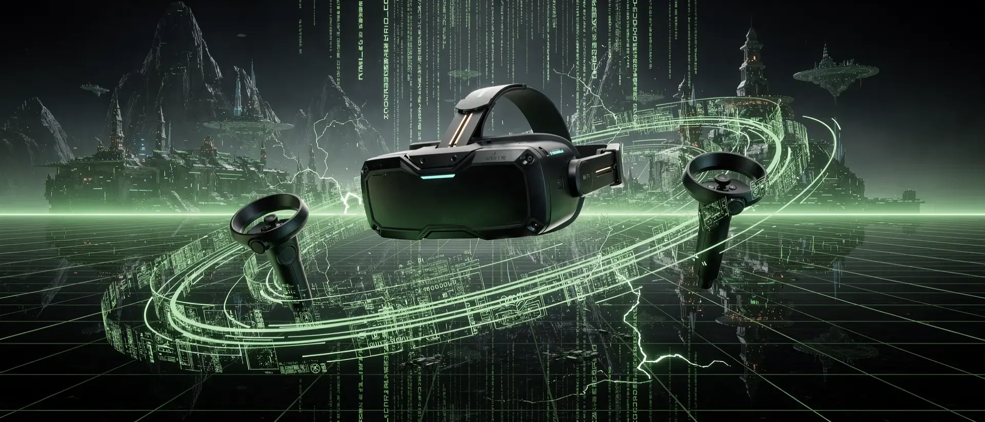 Eine Silhouette in einem Cyberpunk-Gaming-Zimmer mit VR-Headset, umgeben von leuchtend grünen holografischen Interfaces und digitalen Partikeln.