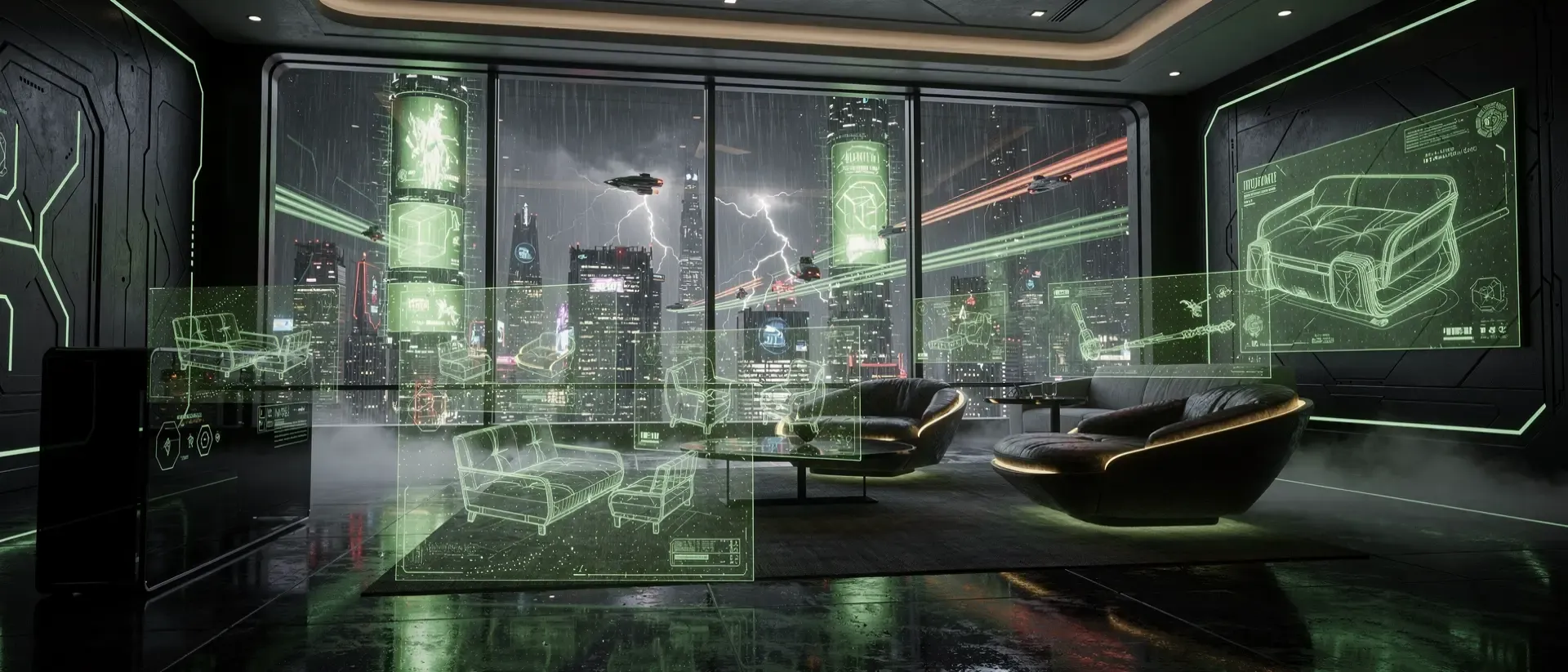 Futuristisches Cyberpunk-Penthouse mit schwarzem Marmor, holografischen Möbeln und neongrünen Lichtakzenten vor einer regnerischen Megacity.