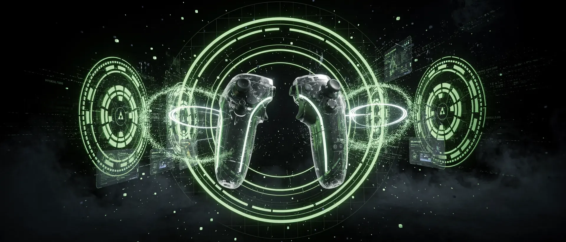 Eine kybernetische Hand hält einen futuristischen VR-Controller inmitten von leuchtend neongrünen, holografischen Interfaces in einem schwarzen Vakuum.