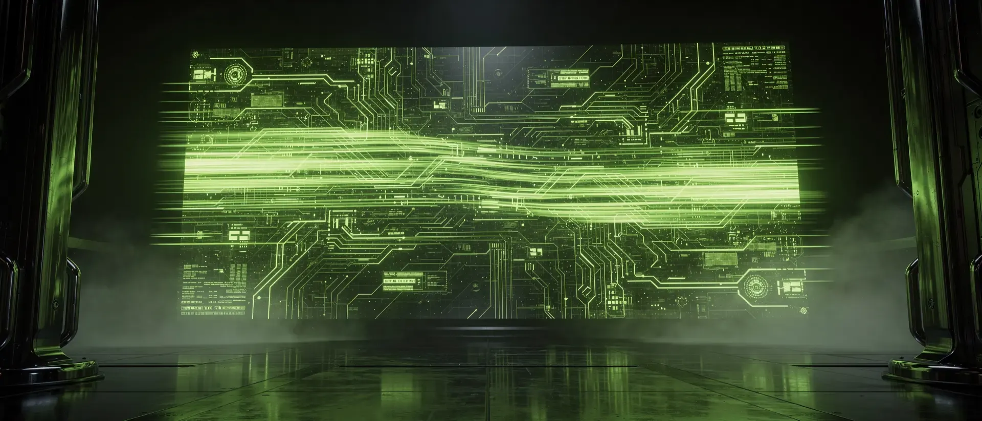 Hyperrealistische Cyberpunk-Visualisierung von extrem schnellen Datenströmen mit neon-grünen Laserlinien und digitalen Partikeln in dunkler Umgebung.