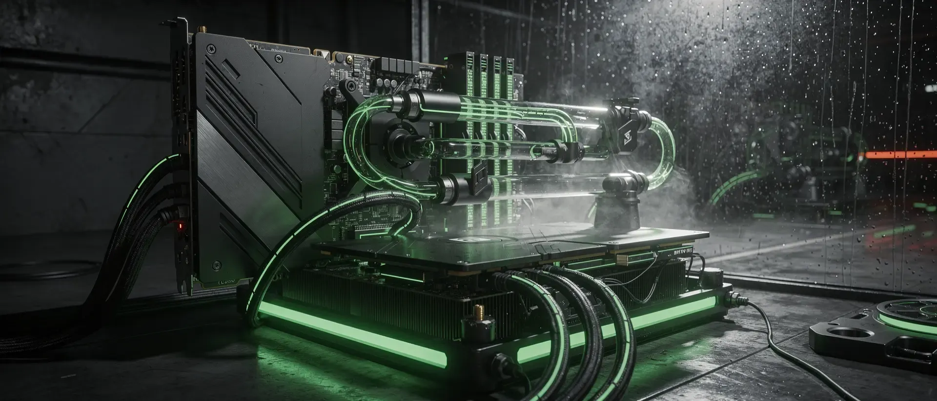 Futuristische Gaming-Station in einem Cyberpunk-Labor mit leuchtend neongrünen Akzenten, holografischen Displays und glühender Flüssigkeitskühlung.