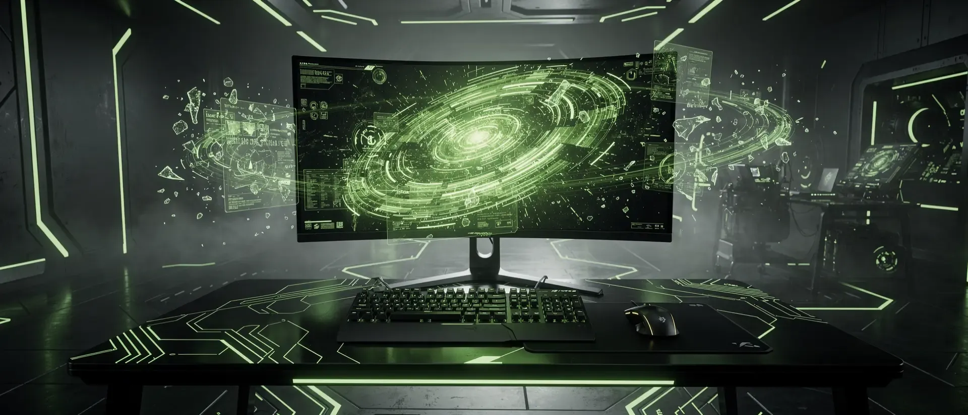 Hyperrealistisches Cyberpunk-Gaming-Setup mit einem leuchtend neongrünen Curved-Monitor, Hologrammen und glühenden Schaltmustern in dunkler Atmosphäre.