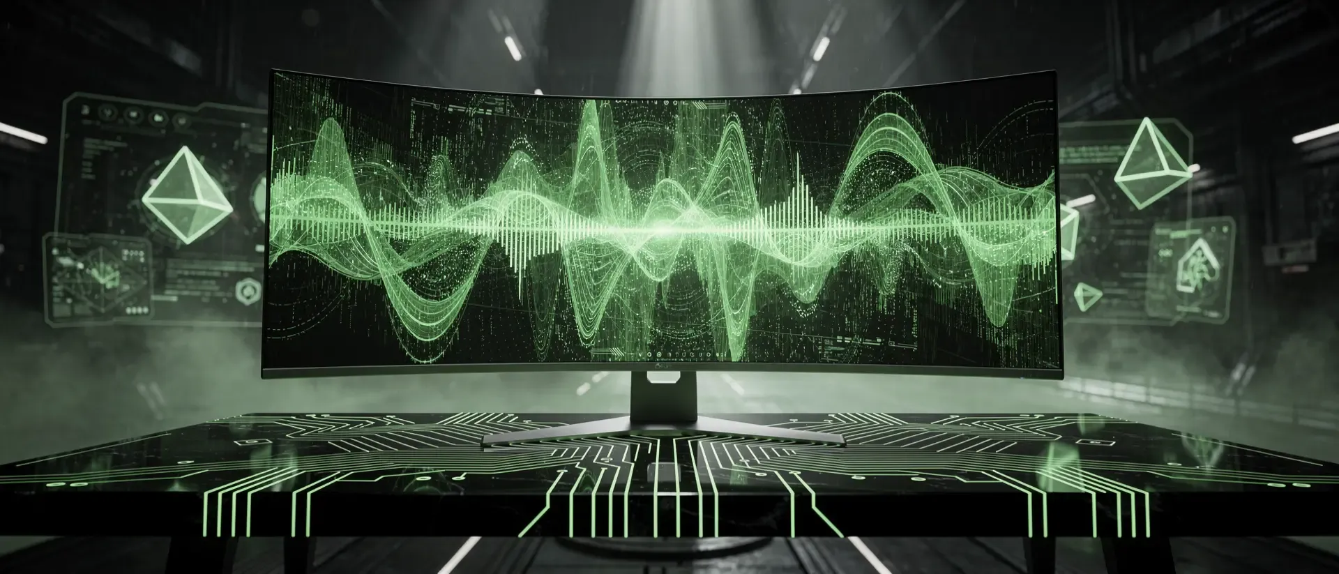 Futuristische Gaming-Zentrale in einem dunklen Raum mit einem schwebenden Ultrawide-Monitor und leuchtend neongrünen Cyberpunk-Akzenten.