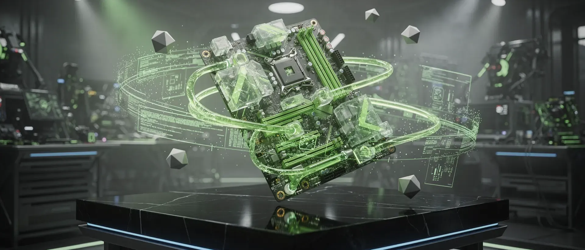 Futuristische Kommandozentrale mit einer schwebenden, grün leuchtenden 3D-Hologramm-Darstellung von CPU und GPU in einem dunklen Cyberpunk-Design.