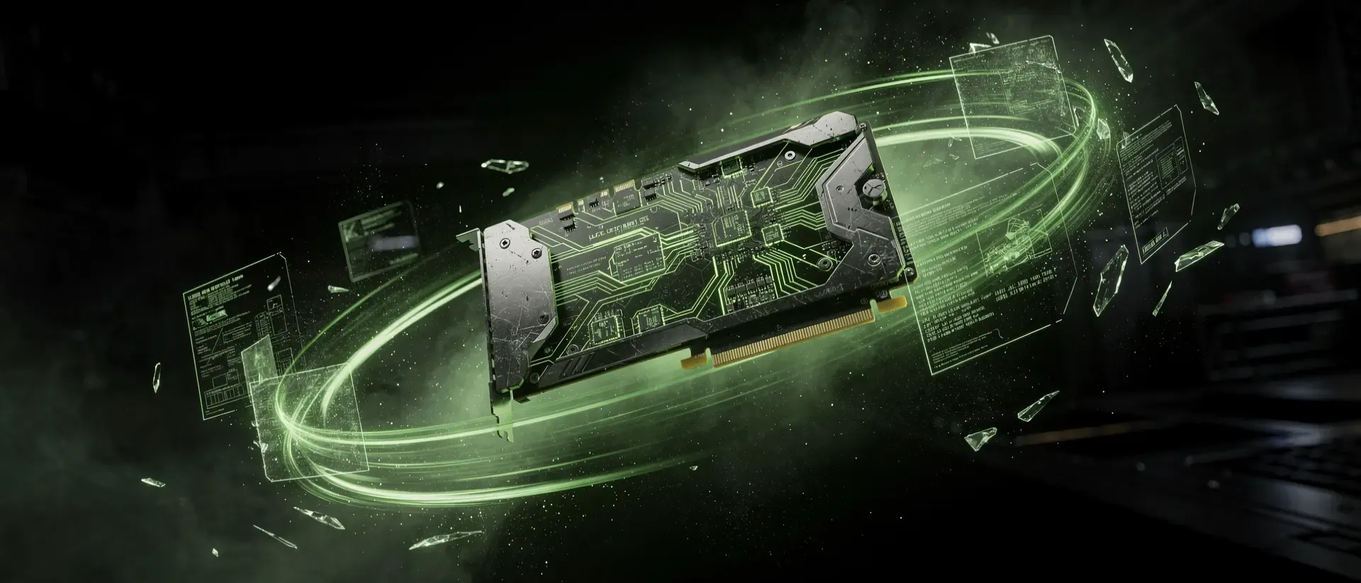 Futuristische Cyberpunk-Hardware mit leuchtend neongrüner Plasmaenergie, komplexen Schaltkreisen und holografischen Elementen auf dunklem Obsidian.