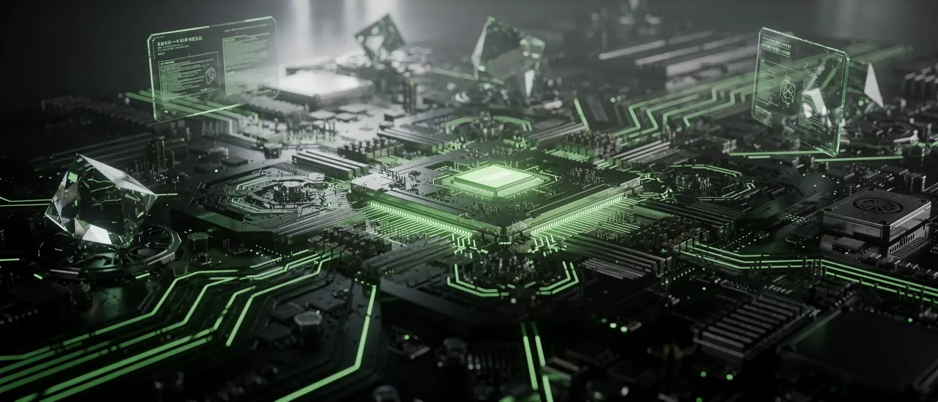 Makroaufnahme eines futuristischen CPU-Prozessors mit pulsierenden neongrünen Energielinien und holografischen Datenströmen auf einer schwarzen Platine.