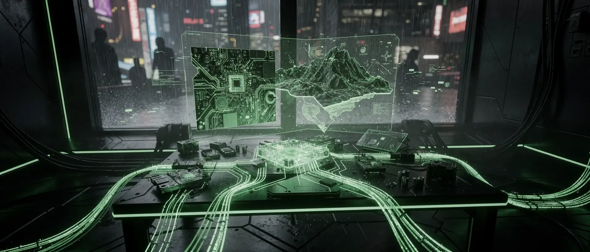 Ein futuristischer Cyberpunk-PC-Reparaturbereich mit einer schwebenden holografischen Schnittstelle und leuchtend neongrünen Schaltkreismustern in der Dunkelheit.