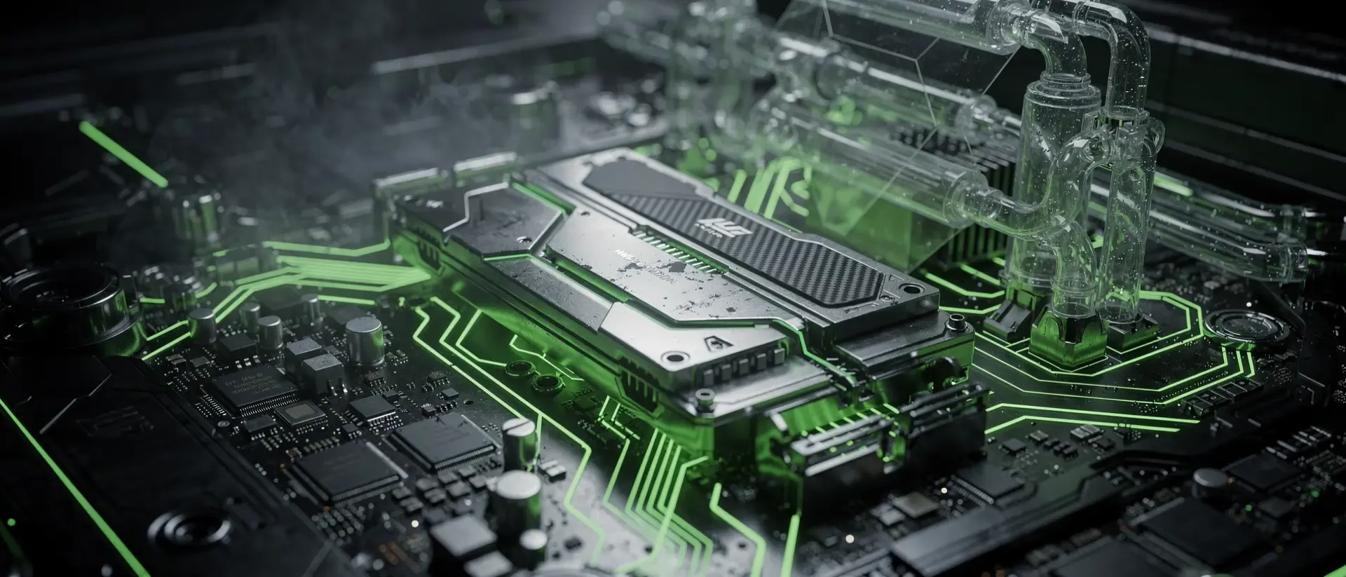 Nahaufnahme einer futuristischen Cyberpunk-GPU mit leuchtend neongrünen Energieimpulsen auf dunklen, metallischen Schaltkreisen in einem Sci-Fi-Design.