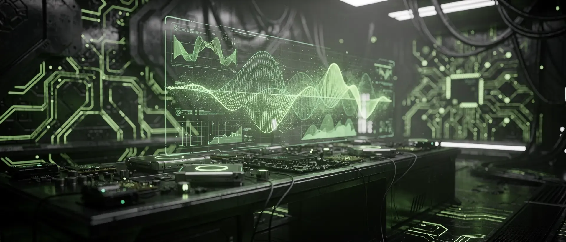 Ein futuristisches Cyberpunk-Labor mit einem schwebenden, neongrünen holografischen Interface und komplexen 3D-Grafiken auf dunklem Metall.
