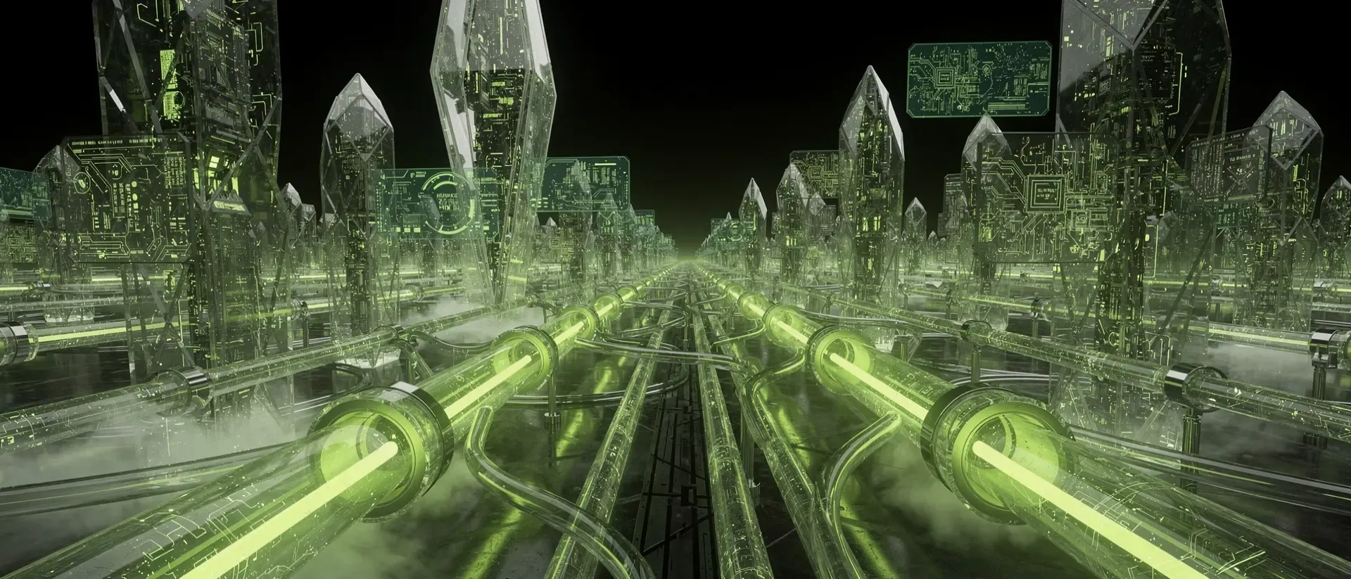 Futuristische Cyberpunk-Hardware-Landschaft mit leuchtend neongrünen Energieimpulsen in gläsernen Leitungen vor tiefschwarzem Hintergrund.