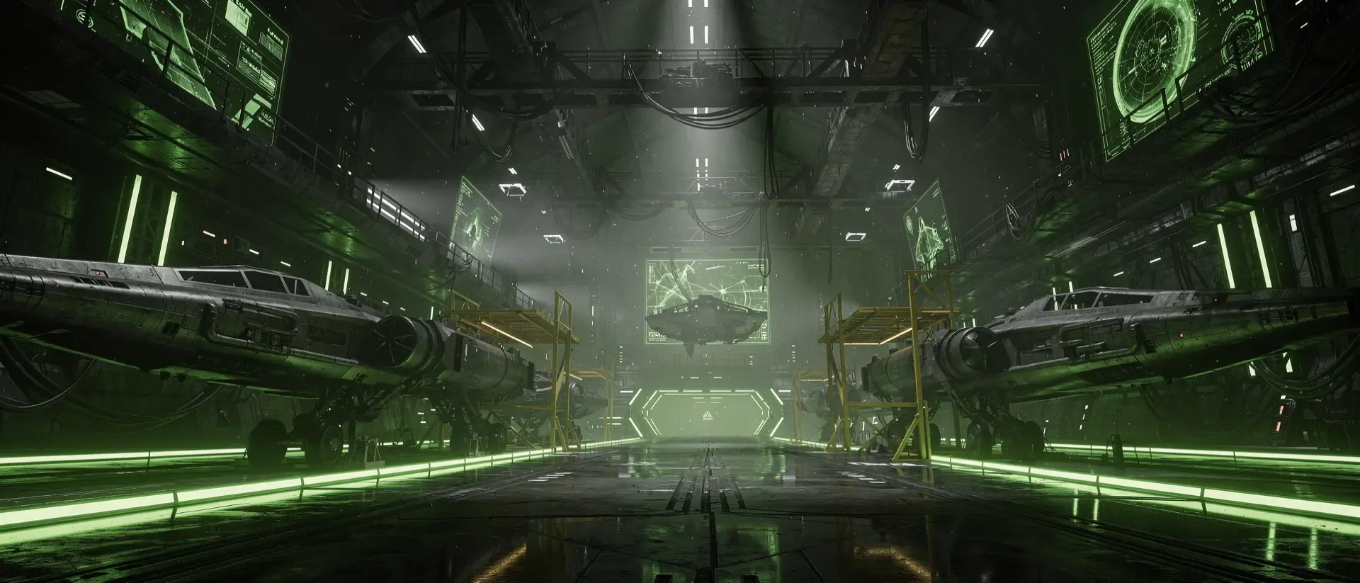 Ein futuristischer Cyberpunk-Hangar mit neon-grünen Lichtstreifen, Spiegelungen auf schwarzem Boden und atmosphärischem Nebel in Sci-Fi-Optik.