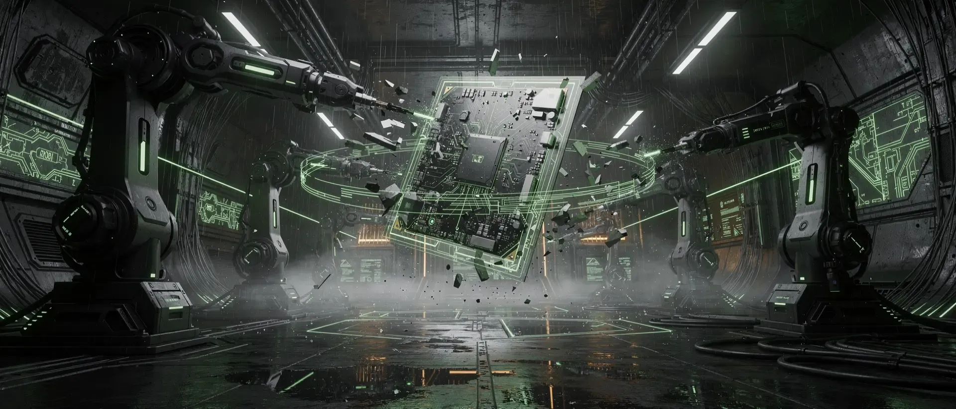 Futuristische Cyberpunk-Werkstatt mit schwebendem Hologramm-Mainboard, das von Roboterarmen in einer dunklen, neongrünen Sci-Fi-Atmosphäre repariert wird.